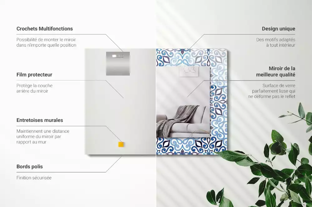 Miroir avec imprimé rectangulaire Motif ornemental bleu