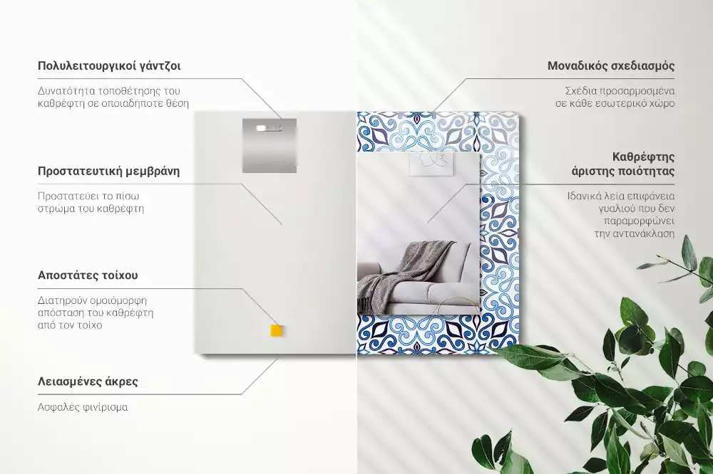 Miroir avec imprimé rectangulaire Motif ornemental bleu