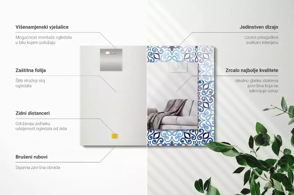 Miroir avec imprimé rectangulaire Motif ornemental bleu