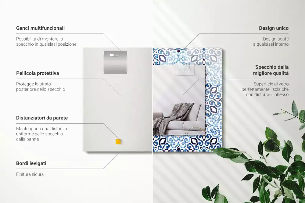 Miroir avec imprimé rectangulaire Motif ornemental bleu