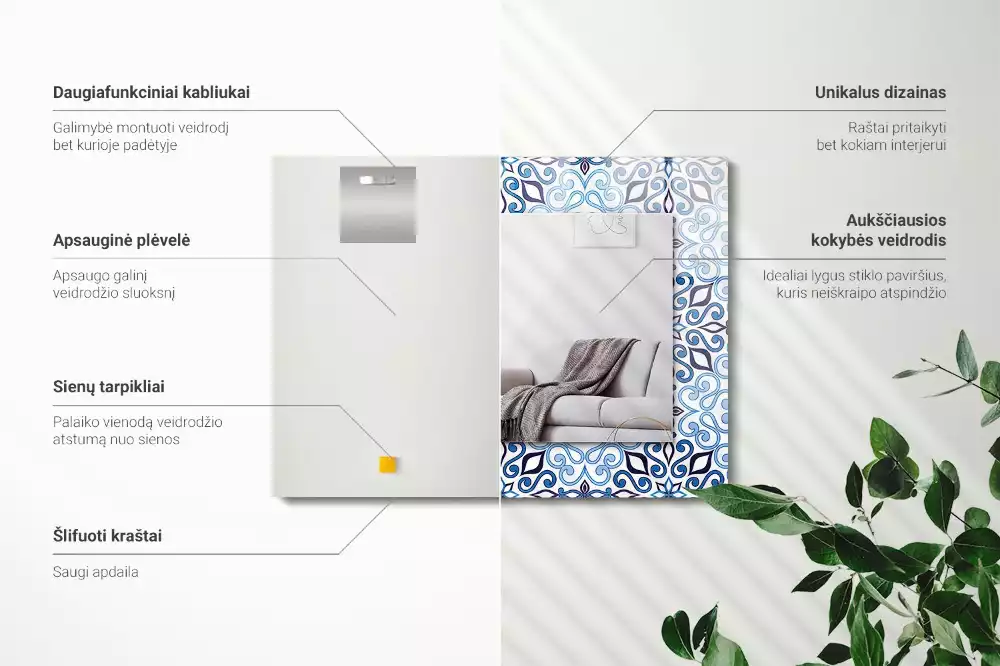 Miroir avec imprimé rectangulaire Motif ornemental bleu