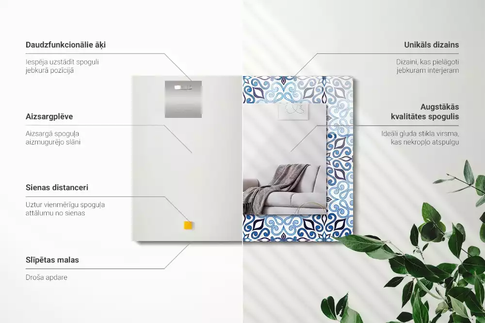 Miroir avec imprimé rectangulaire Motif ornemental bleu