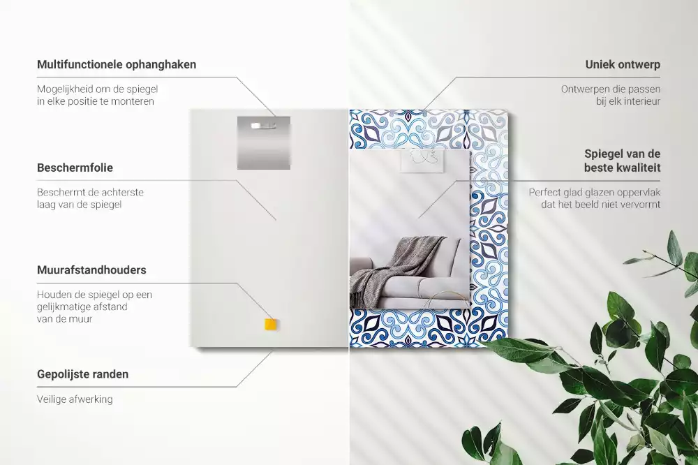 Miroir avec imprimé rectangulaire Motif ornemental bleu