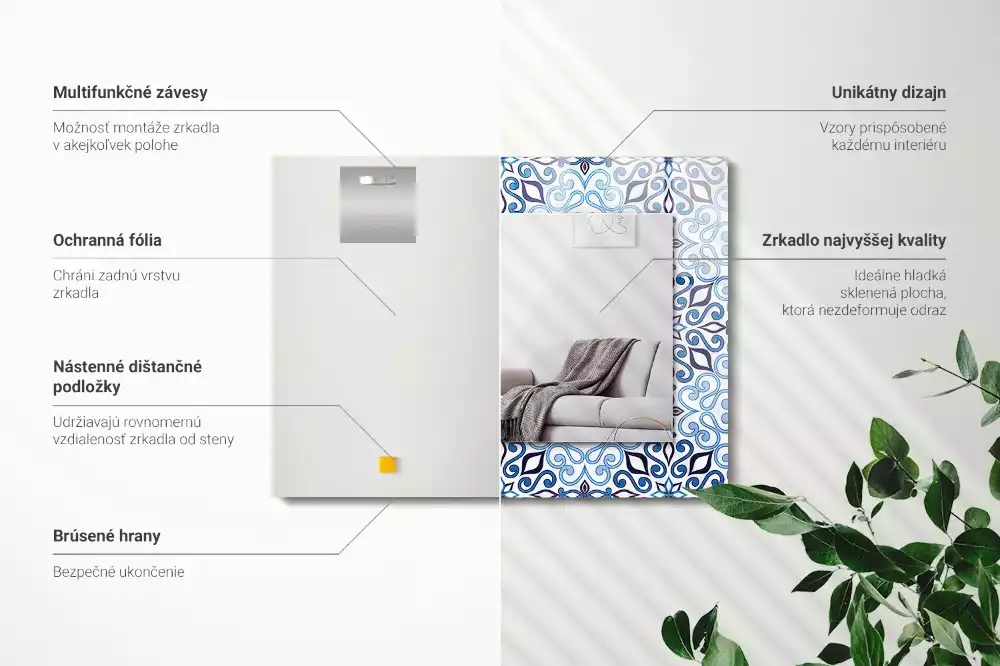 Miroir avec imprimé rectangulaire Motif ornemental bleu