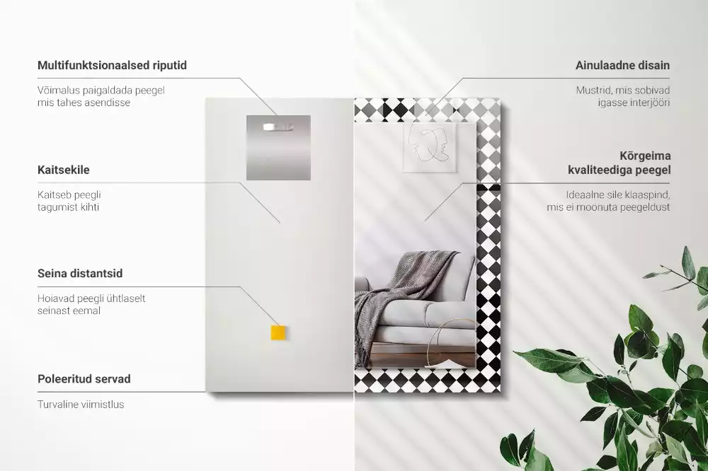 Miroir avec imprimé décoratif rectangulaire Damier noir et blanc