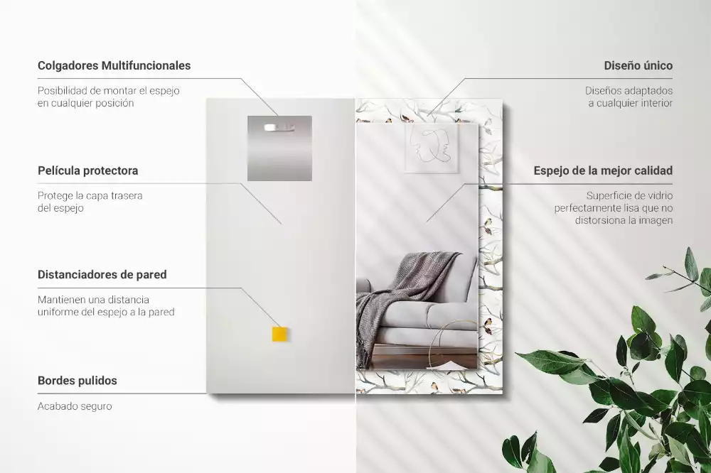 Miroir avec imprimé rectangulaire Oiseaux sur branches