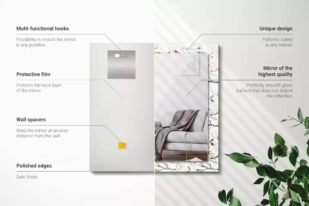 Miroir avec imprimé rectangulaire Oiseaux sur branches