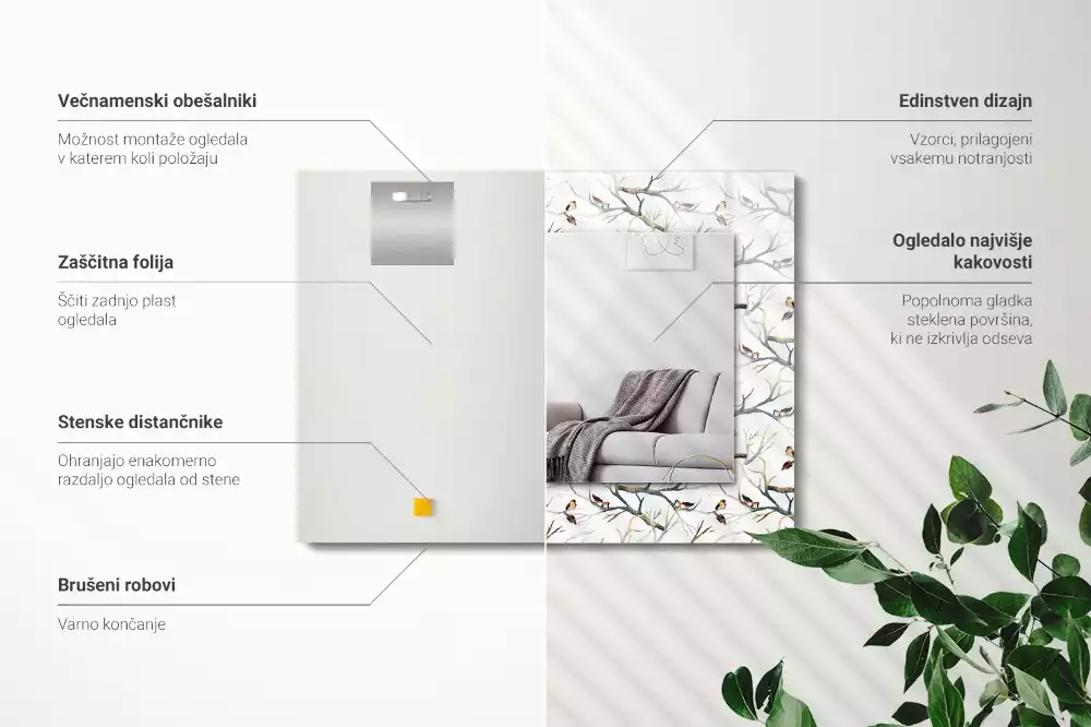 Miroir avec imprimé rectangulaire Oiseaux sur branches