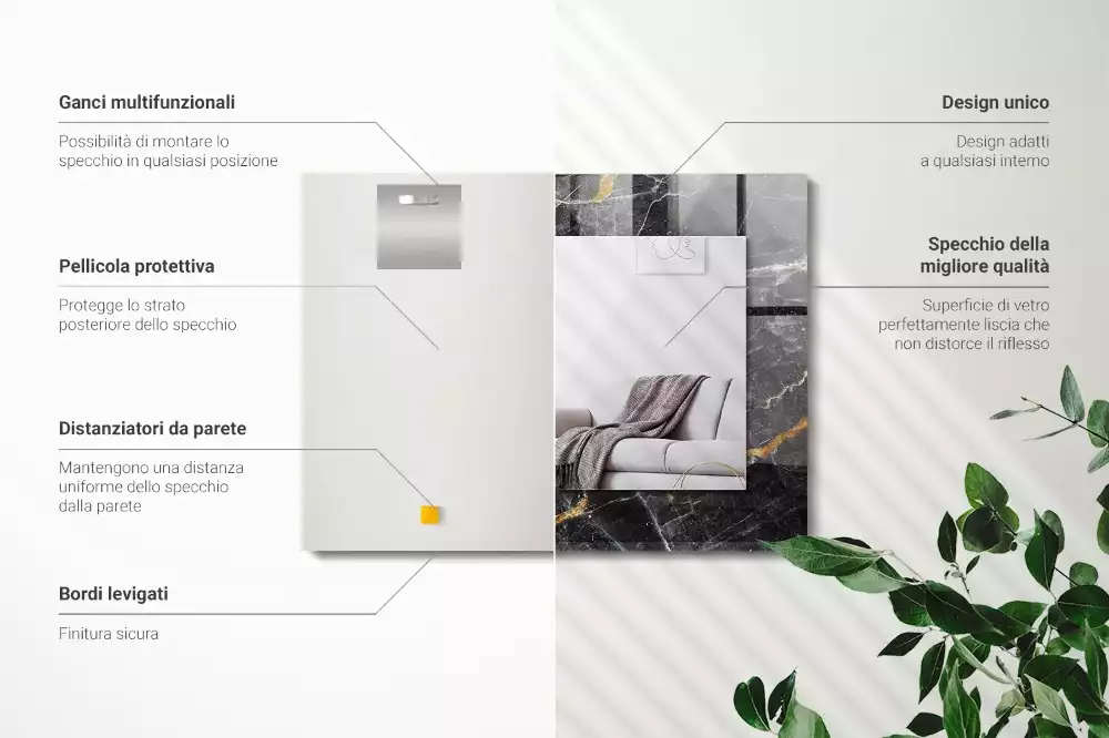 Miroir avec imprimé décoratif rectangulaire Marbre noir veiné