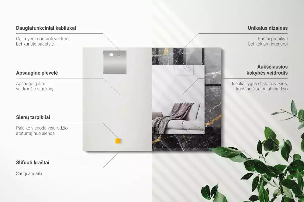 Miroir avec imprimé décoratif rectangulaire Marbre noir veiné