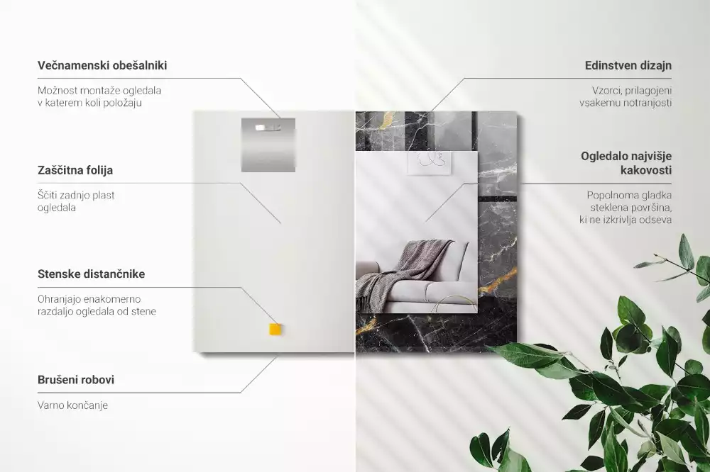 Miroir avec imprimé décoratif rectangulaire Marbre noir veiné