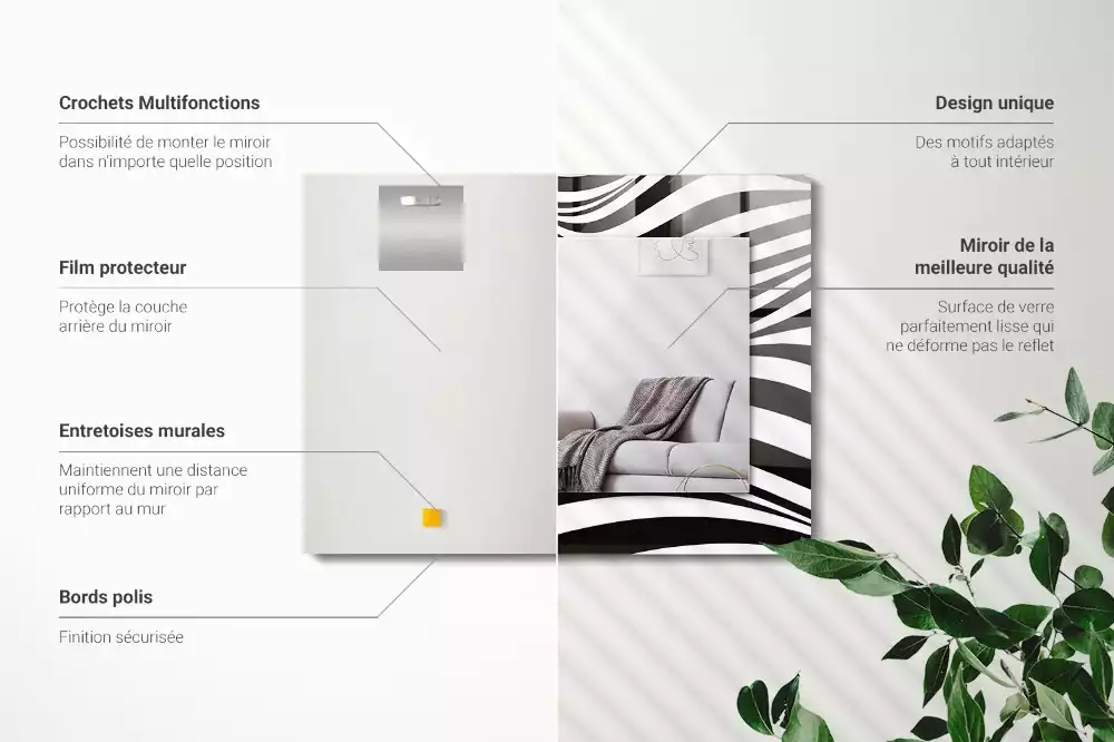 Miroir avec imprimé rectangulaire Vagues noir et blanc