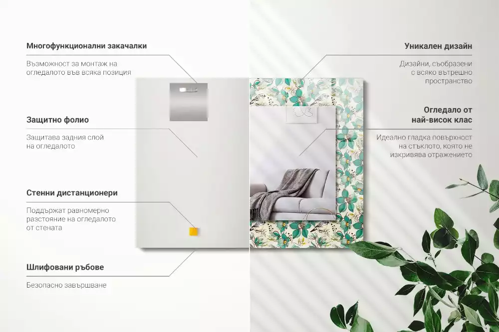 Miroir avec imprimé décoratif rectangulaire Oiseaux et fleurs