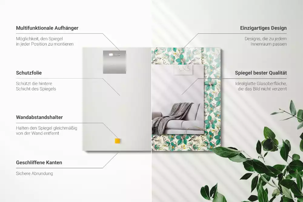 Miroir avec imprimé décoratif rectangulaire Oiseaux et fleurs