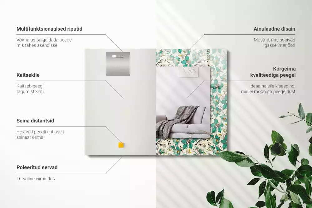 Miroir avec imprimé décoratif rectangulaire Oiseaux et fleurs