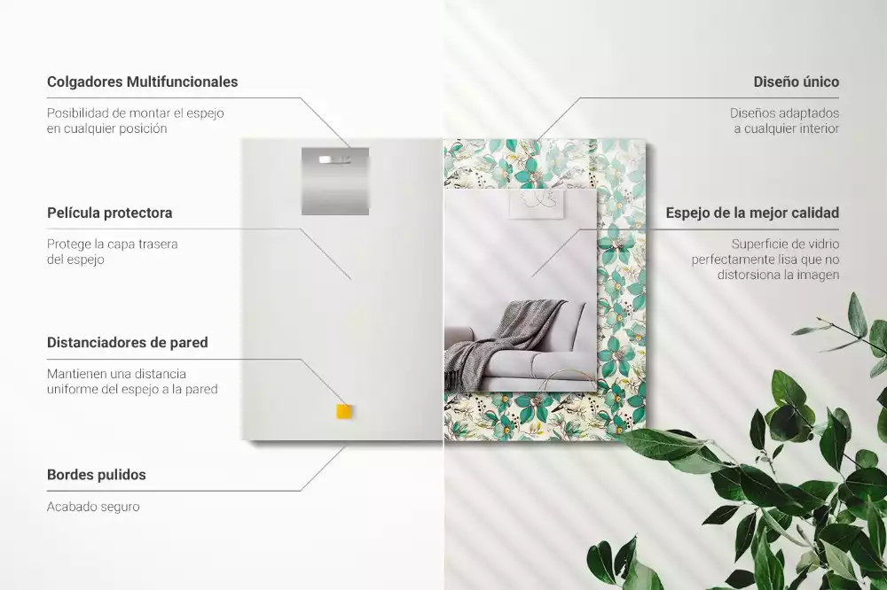 Miroir avec imprimé décoratif rectangulaire Oiseaux et fleurs