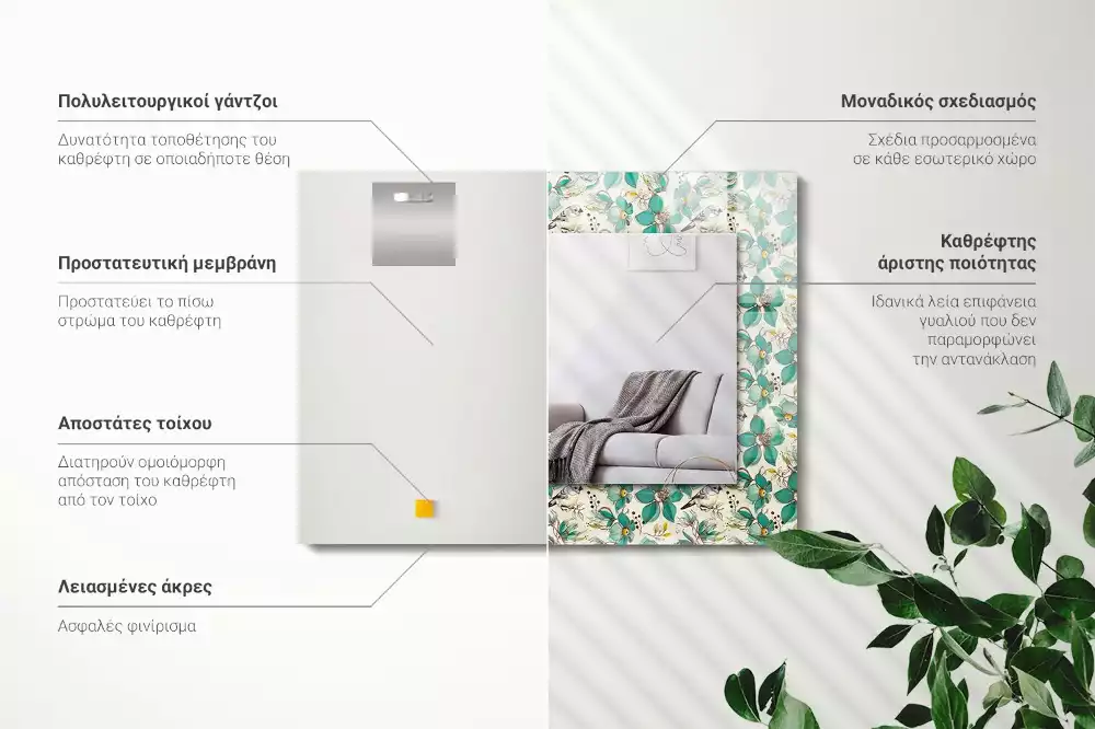 Miroir avec imprimé décoratif rectangulaire Oiseaux et fleurs