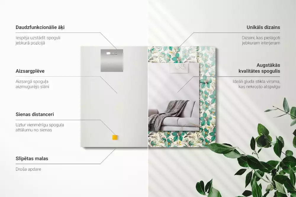 Miroir avec imprimé décoratif rectangulaire Oiseaux et fleurs