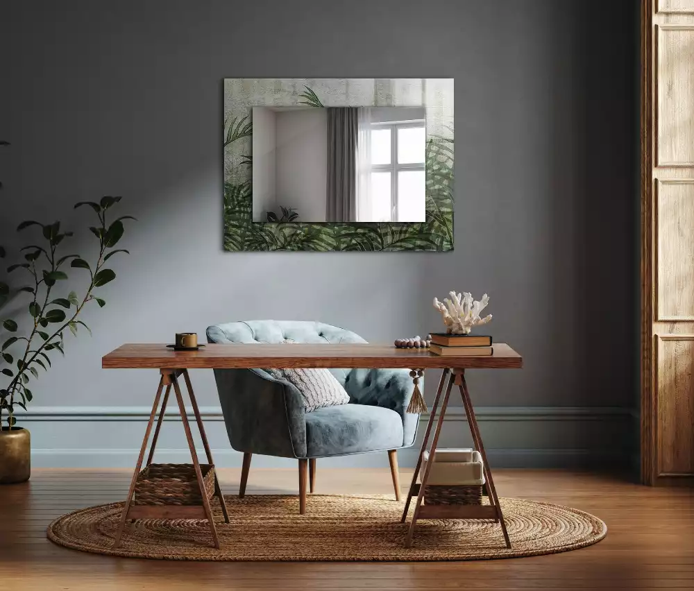 Miroir avec imprimé décoratif rectangulaire Feuilles de fougère vertes