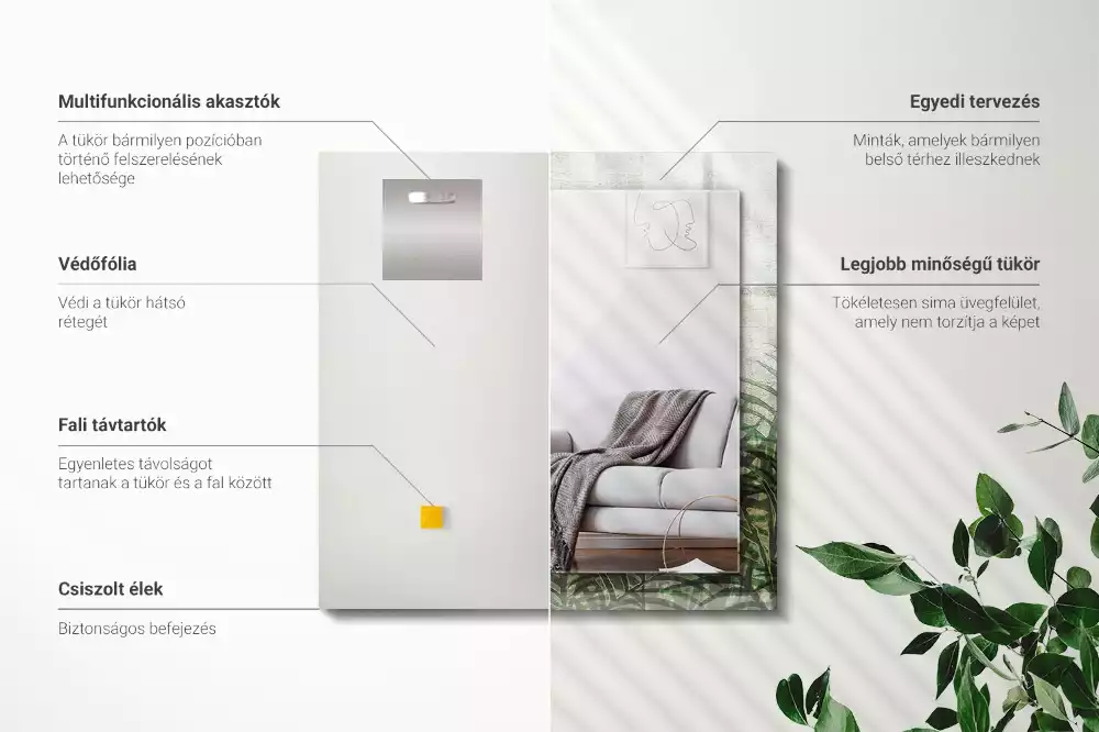 Miroir avec imprimé décoratif rectangulaire Feuilles de fougère vertes