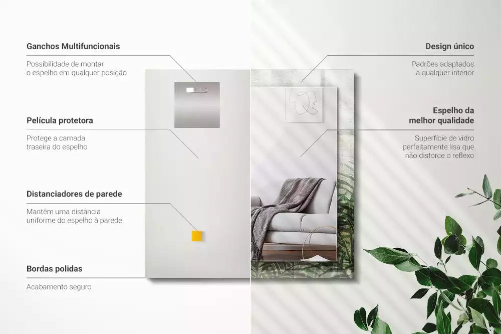 Miroir avec imprimé décoratif rectangulaire Feuilles de fougère vertes