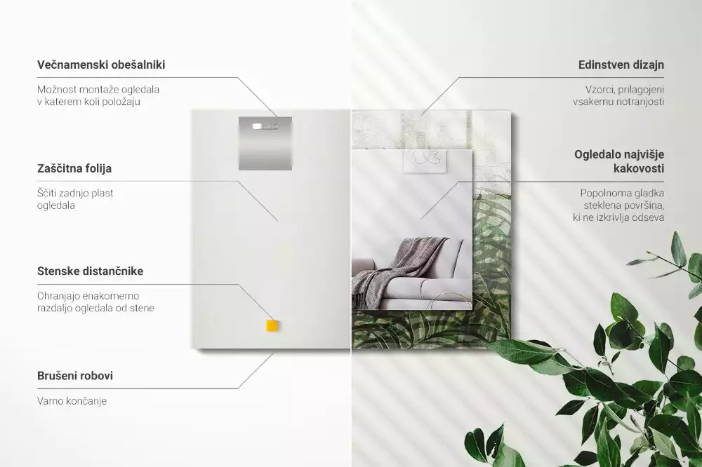 Miroir avec imprimé décoratif rectangulaire Feuilles de fougère vertes