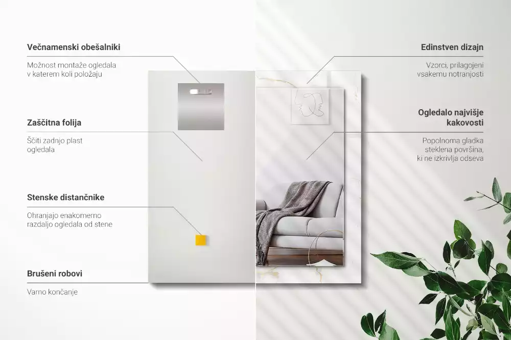 Miroir avec imprimé décoratif rectangulaire Motif marbre blanc