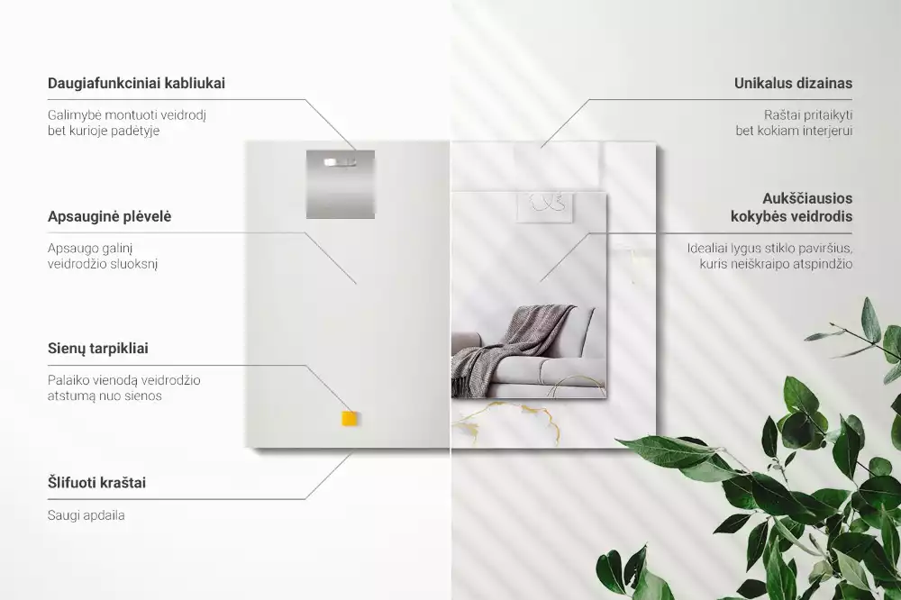 Miroir avec imprimé décoratif rectangulaire Motif marbre blanc