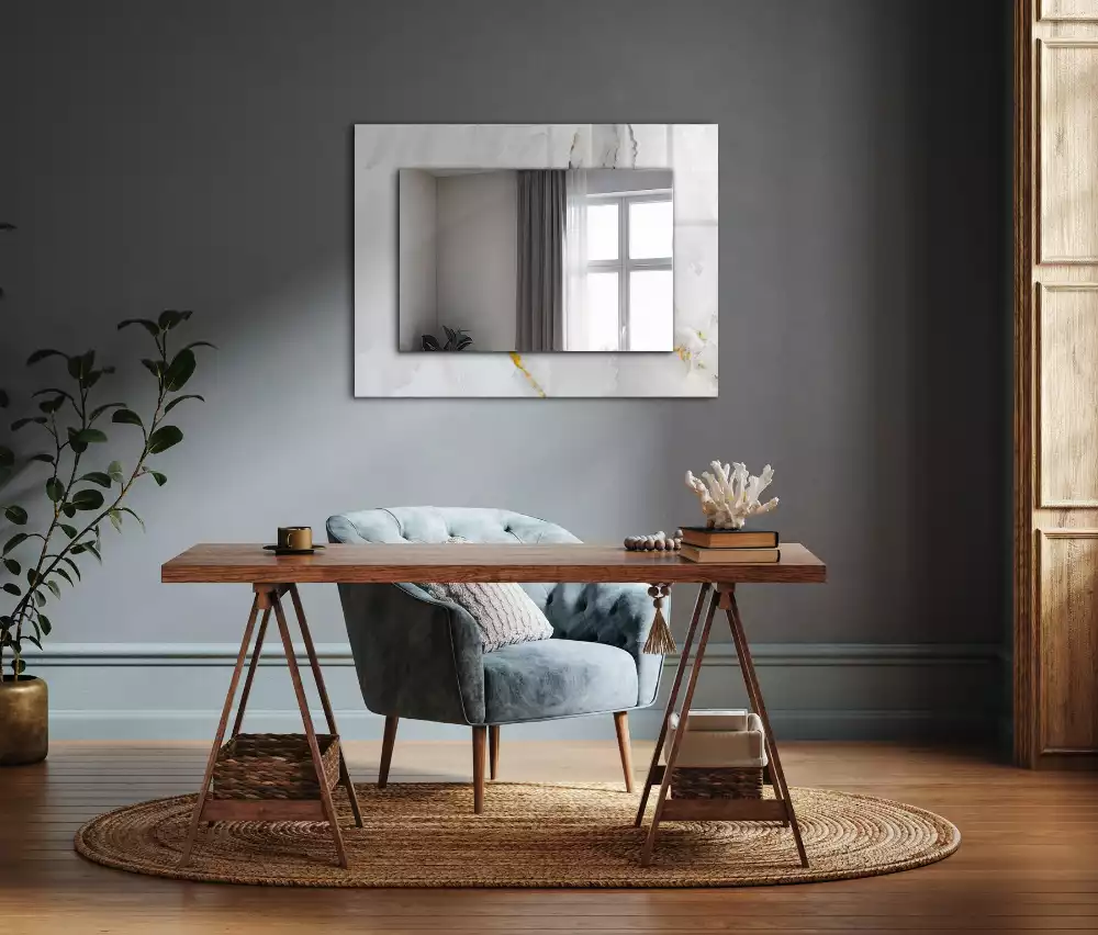 Miroir avec imprimé rectangulaire Motif marbre blanc