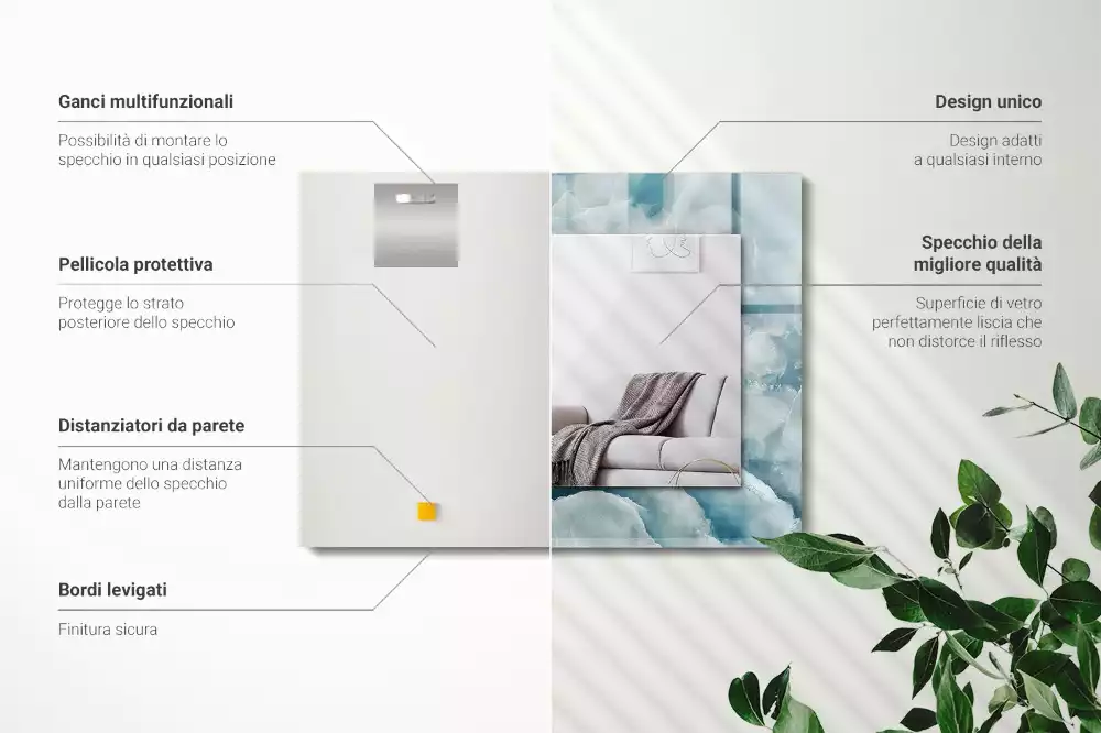 Miroir avec imprimé décoratif rectangulaire Texture marbre bleu