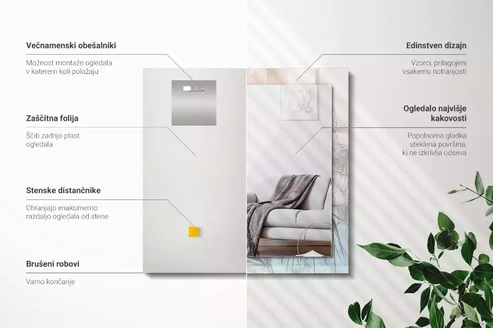 Miroir avec imprimé décoratif rectangulaire Plantes pastelles