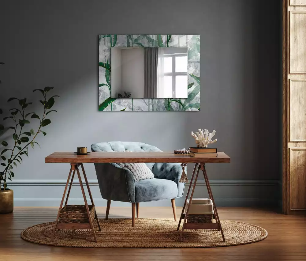 Miroir avec imprimé décoratif rectangulaire Feuilles vertes plante