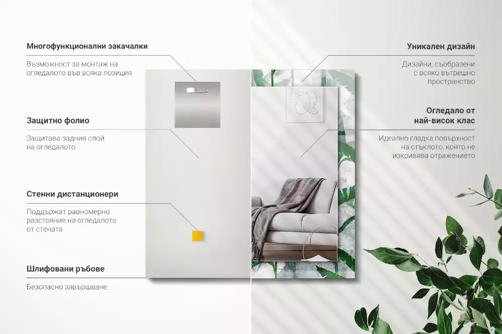 Miroir avec imprimé décoratif rectangulaire Feuilles vertes plante