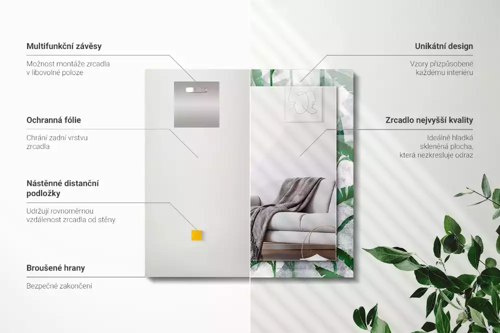 Miroir avec imprimé décoratif rectangulaire Feuilles vertes plante