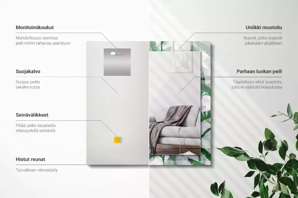 Miroir avec imprimé décoratif rectangulaire Feuilles vertes plante