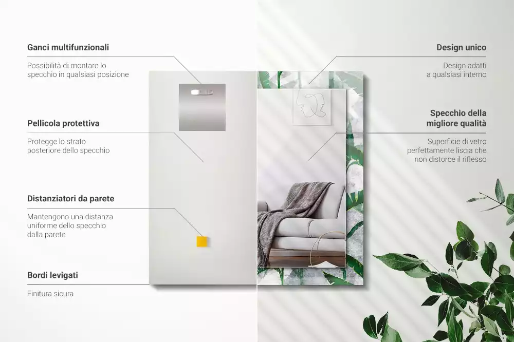 Miroir avec imprimé décoratif rectangulaire Feuilles vertes plante