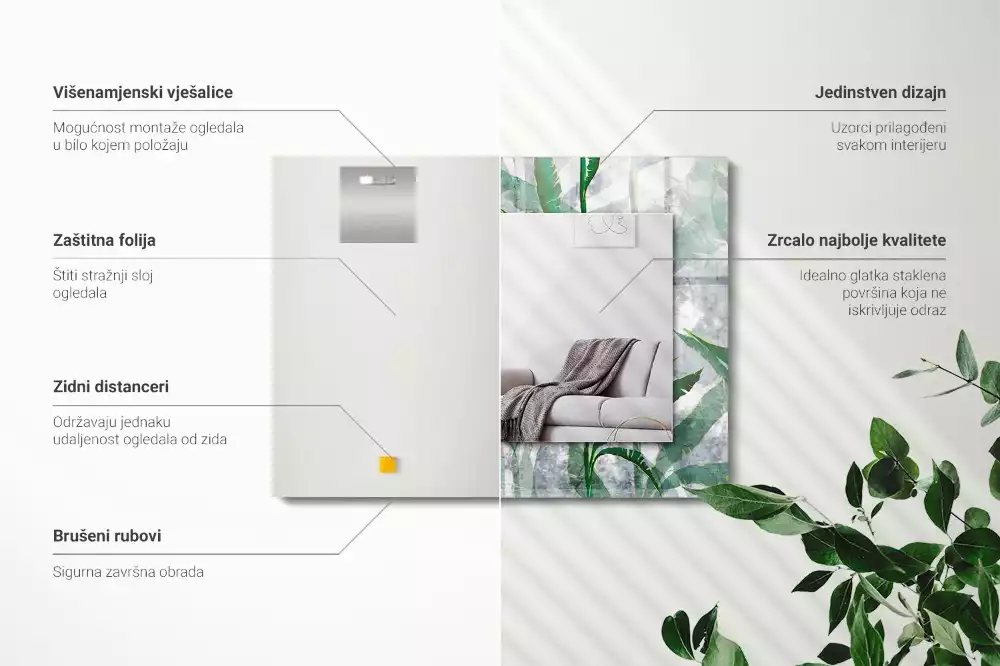 Miroir avec imprimé décoratif rectangulaire Feuilles vertes plante