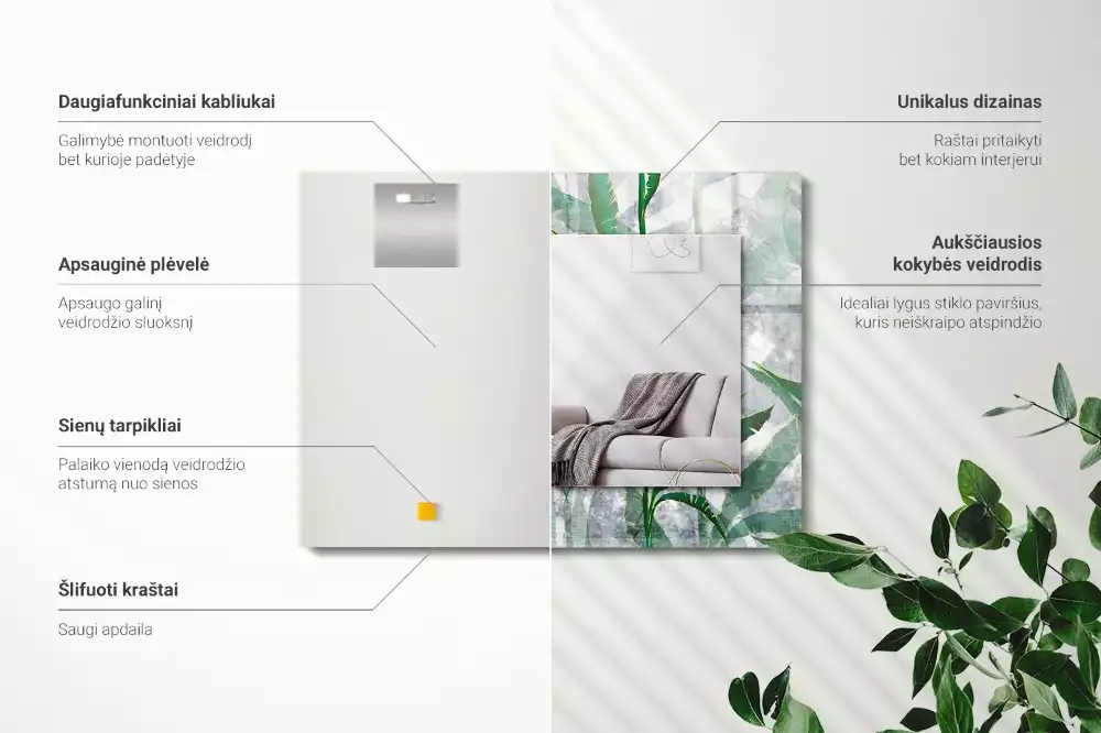 Miroir avec imprimé décoratif rectangulaire Feuilles vertes plante