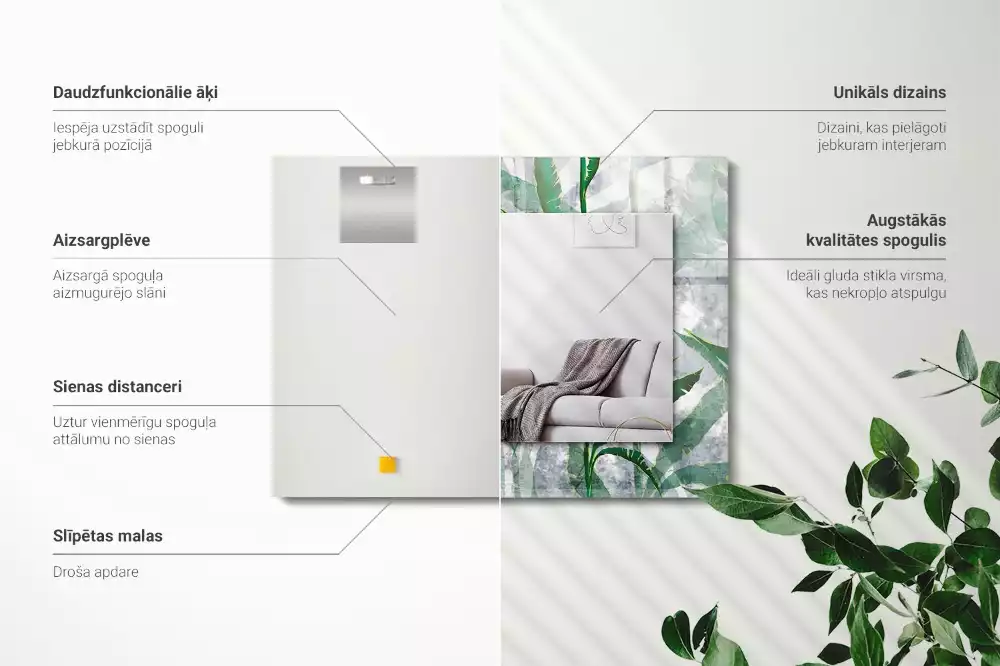 Miroir avec imprimé décoratif rectangulaire Feuilles vertes plante