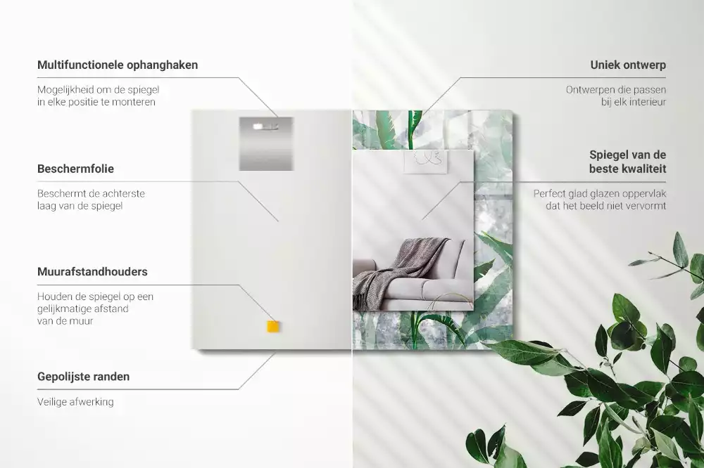 Miroir avec imprimé décoratif rectangulaire Feuilles vertes plante