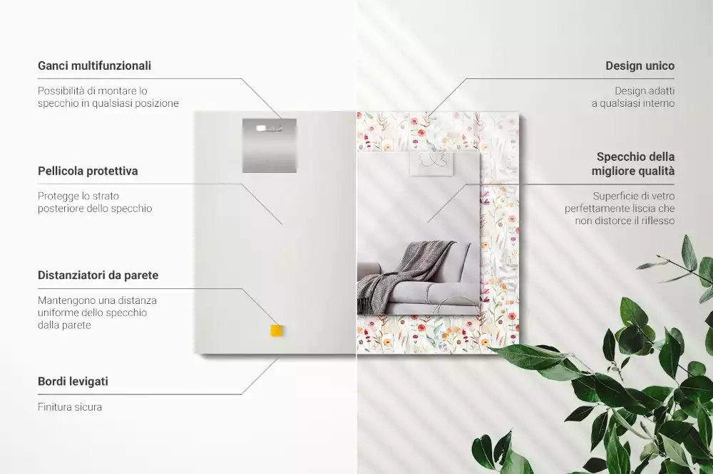 Miroir avec imprimé décoratif rectangulaire Motif floral aquarelle