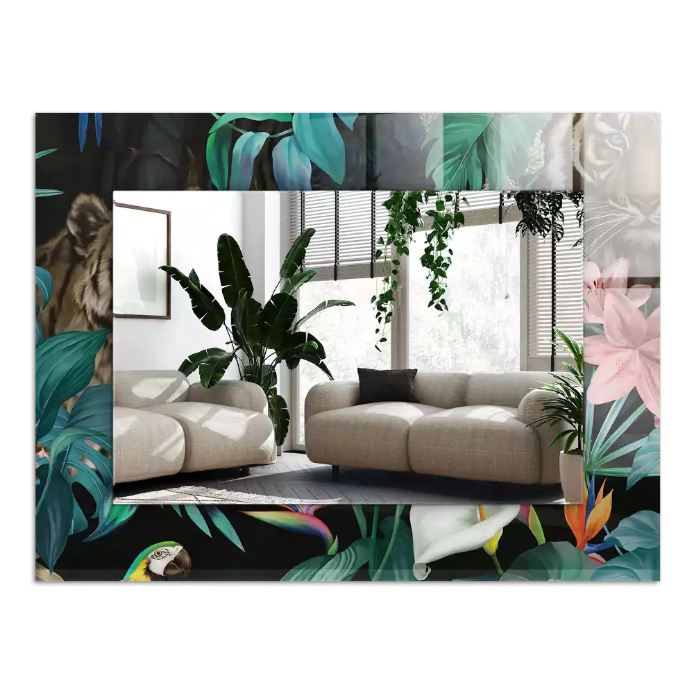 Miroir avec imprimé rectangulaire Tigres perroquets jungle