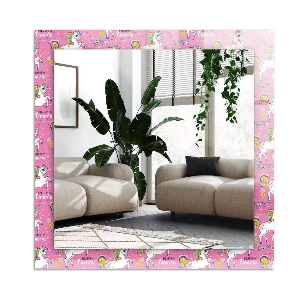 Miroir avec imprimé décoratif rectangulaire Licornes arcs-en-ciel cœurs