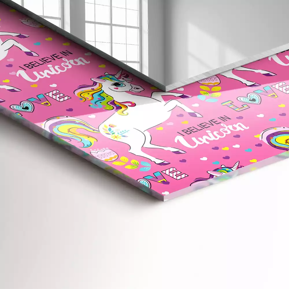 Miroir avec imprimé décoratif rectangulaire Licornes arcs-en-ciel cœurs