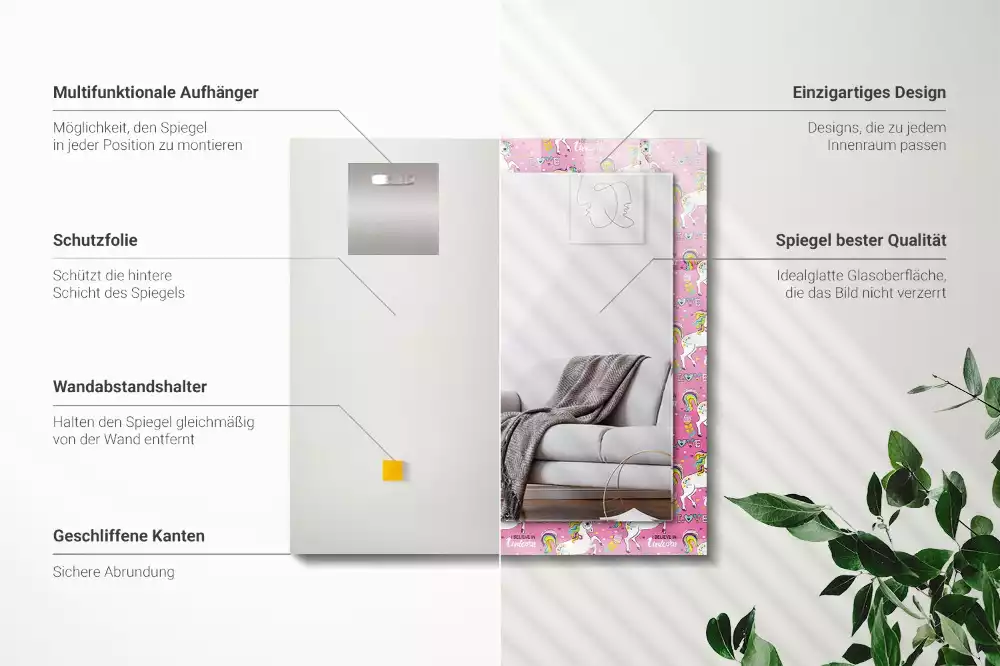 Miroir avec imprimé décoratif rectangulaire Licornes arcs-en-ciel cœurs