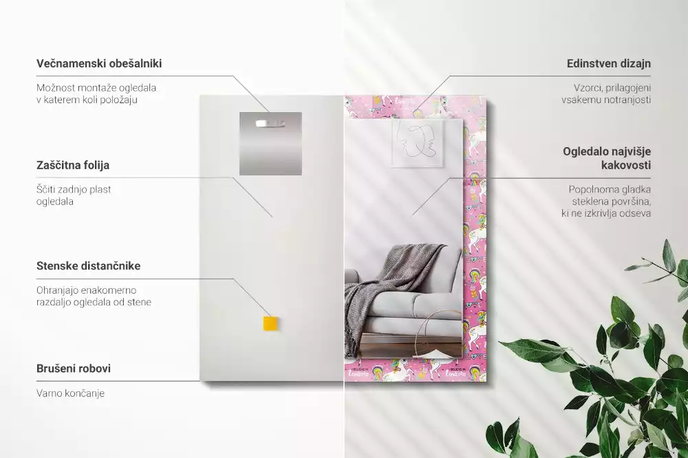 Miroir avec imprimé décoratif rectangulaire Licornes arcs-en-ciel cœurs