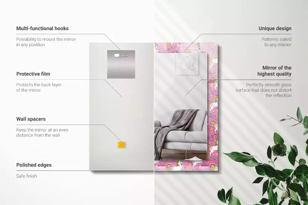 Miroir avec imprimé décoratif rectangulaire Licornes arcs-en-ciel cœurs