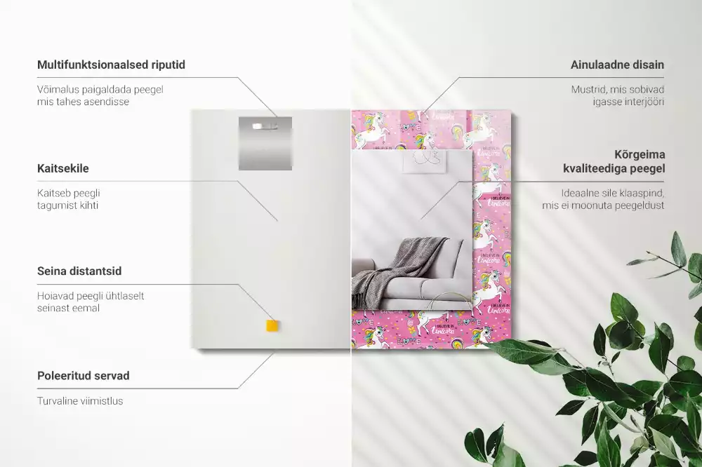 Miroir avec imprimé décoratif rectangulaire Licornes arcs-en-ciel cœurs