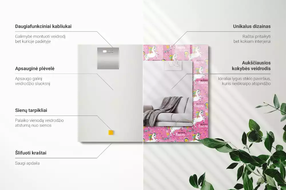 Miroir avec imprimé décoratif rectangulaire Licornes arcs-en-ciel cœurs