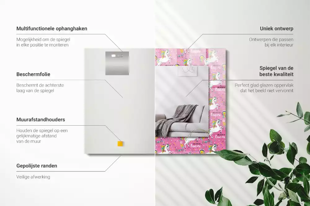 Miroir avec imprimé décoratif rectangulaire Licornes arcs-en-ciel cœurs